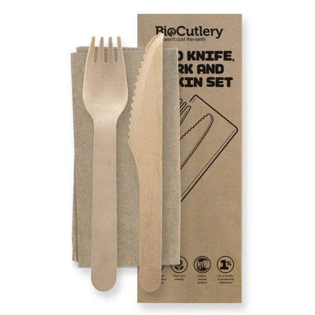 Uncoated Knife, Fork & Napkin Set - 16cm - 400/ctn - - BioPak commercial catering consumable