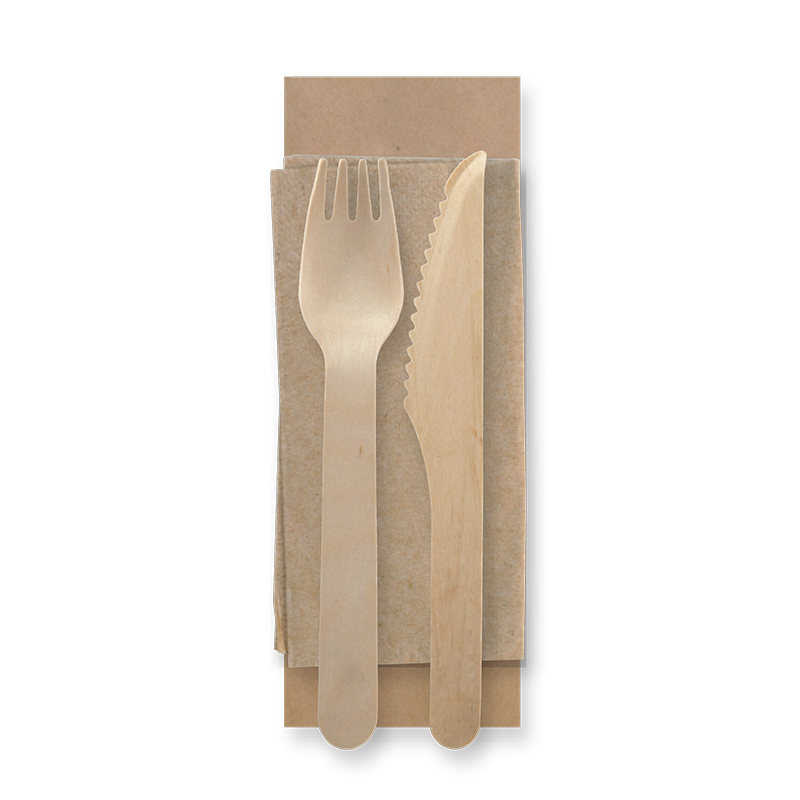 Coated Wooden Knife, Fork & Napikin Pack - 16cm - 250/ctn - wood - BioPak commercial catering consumable