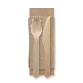 Coated Wooden Knife, Fork & Napikin Pack - 16cm - 250/ctn - wood - BioPak commercial catering consumable