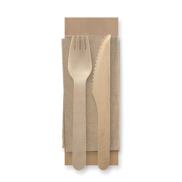 Coated Wooden Knife, Fork & Napikin Pack - 16cm - 250/ctn - wood - BioPak commercial catering consumable