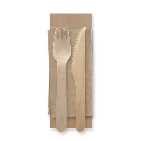 Coated Wooden Knife, Fork & Napikin Pack - 16cm - 250/ctn - wood - BioPak commercial catering consumable