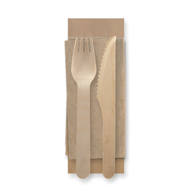 Coated Wooden Knife, Fork & Napikin Pack - 16cm - 250/ctn - wood - BioPak commercial catering consumable