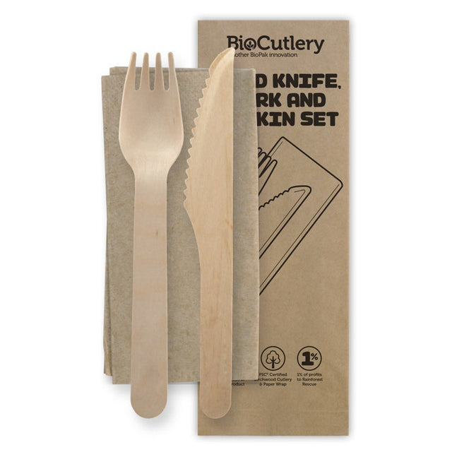 Coated Wooden Knife, Fork & Napkin Pack - 16cm - 400/ctn - wood - BioPak commercial catering consumable