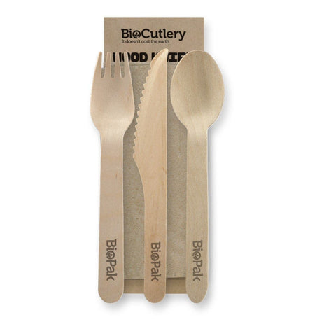 Uncoated Knife, Fork, Spoon & Napkin Set - 16cm - 400/ctn - - BioPak commercial catering consumable