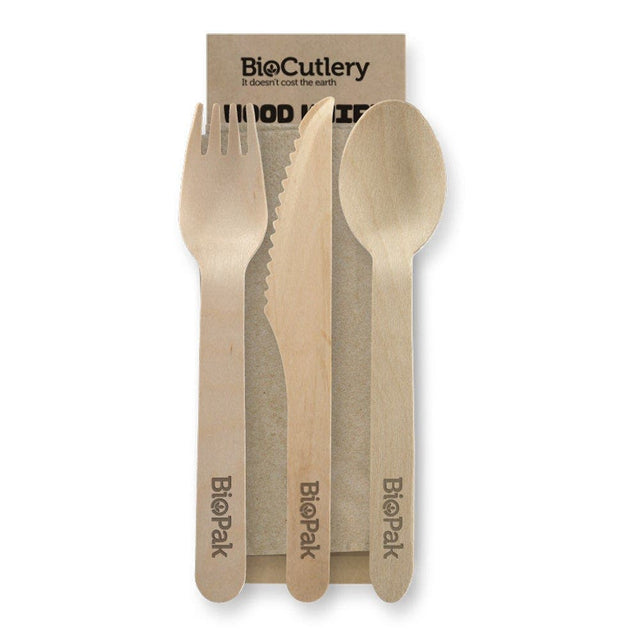 Uncoated Knife, Fork, Spoon & Napkin Set - 16cm - 400/ctn - - BioPak commercial catering consumable