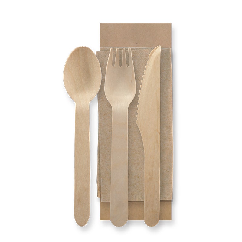 Coated Wooden Knife, Spoon, Fork & Napkin Pack - 16cm - 250/ctn - wood - BioPak commercial catering consumable