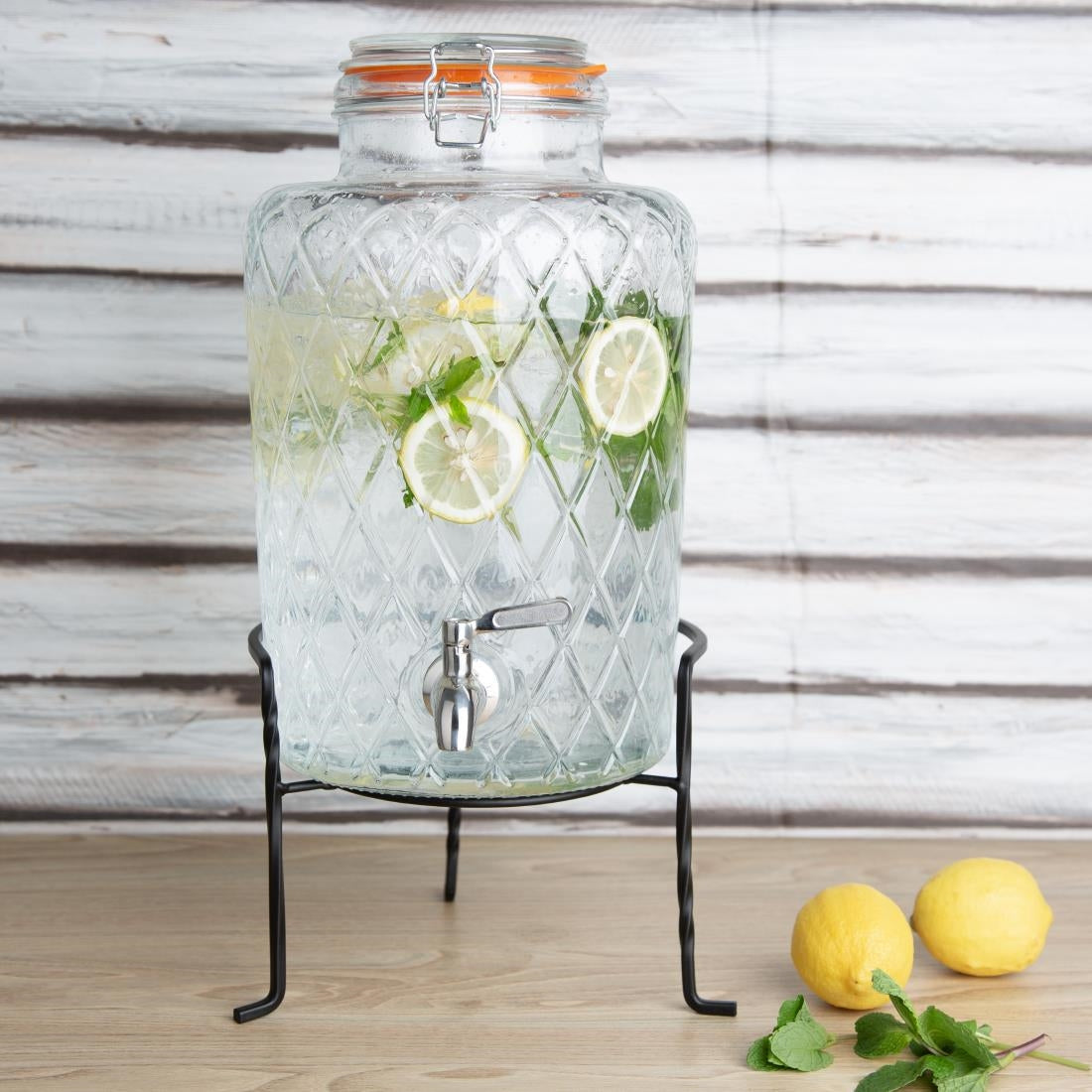 JB379 Olympia Geo Glass Clip-Top Drinks Dispenser with Wire Stand - 8Ltr
