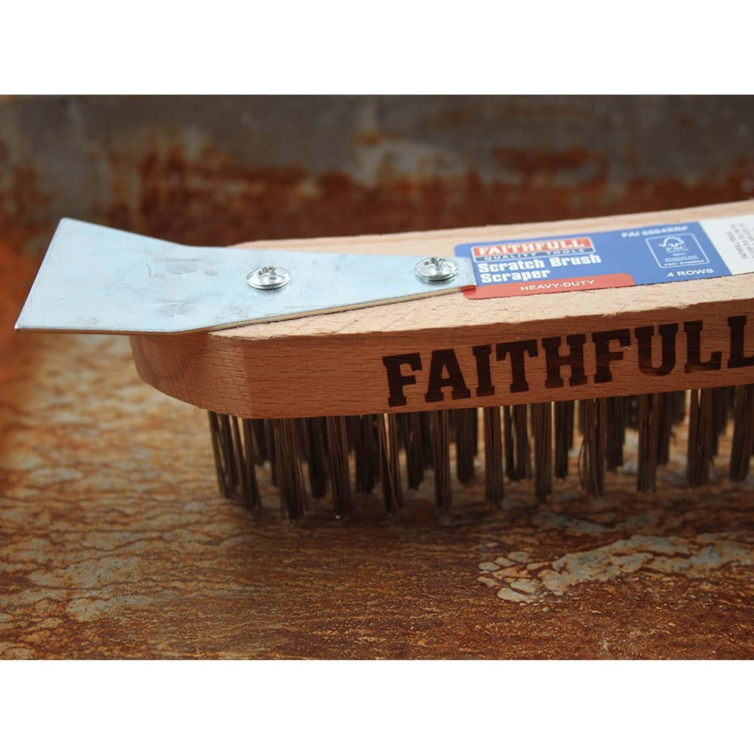 JF948 Faithfull Heavy Duty Wire Grill Brush 4 Row with Scraper