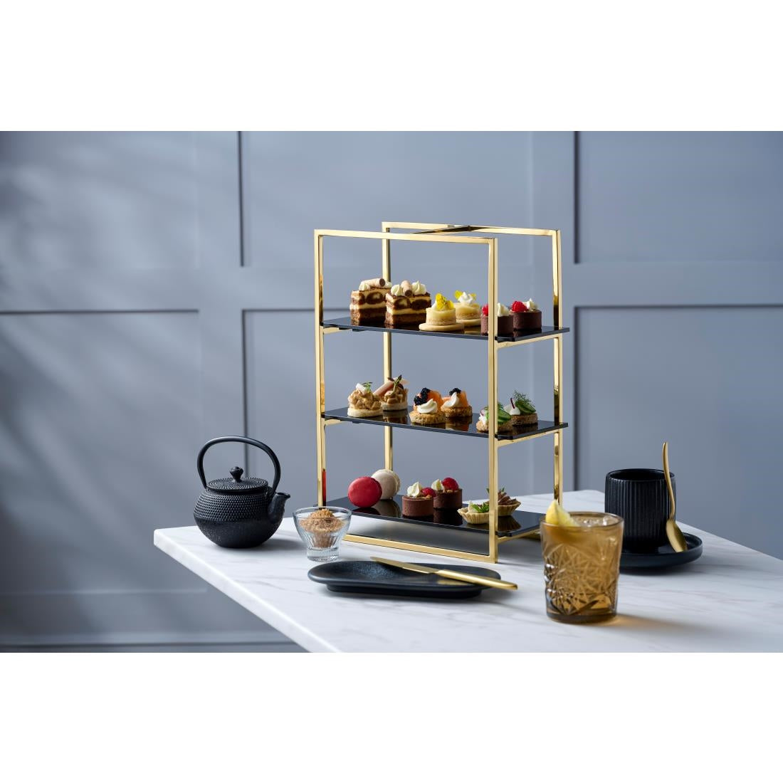 WNK Cake Stand 3-Tier Mirror Gold & Black Inserts