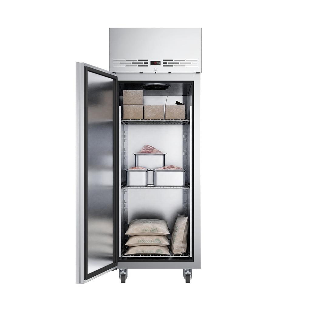 KORE KU1L 600 Litre Freezer – Left-Hand Hinge (50-106) — loaded interior illustration; contents not included