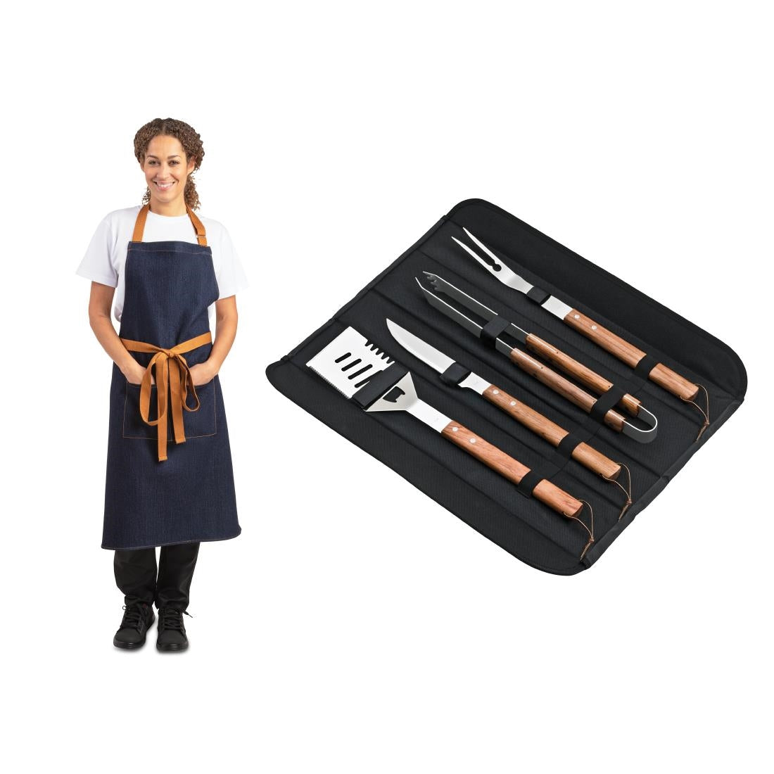 SA636 Deglon Sabatier Prep Like A Pro 4-Piece BBQ Utensil Set With Whites Denim-Blue Apron