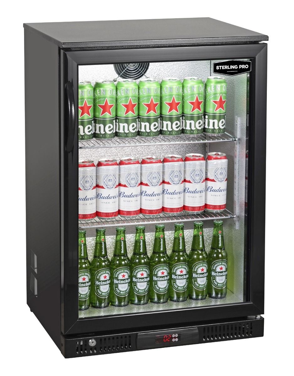 Sterling Pro Green SP1LO-OUT-BK Hinged Single Door Low Height Black Outdoor Bottle Cooler, 106 x 330ml Bottles