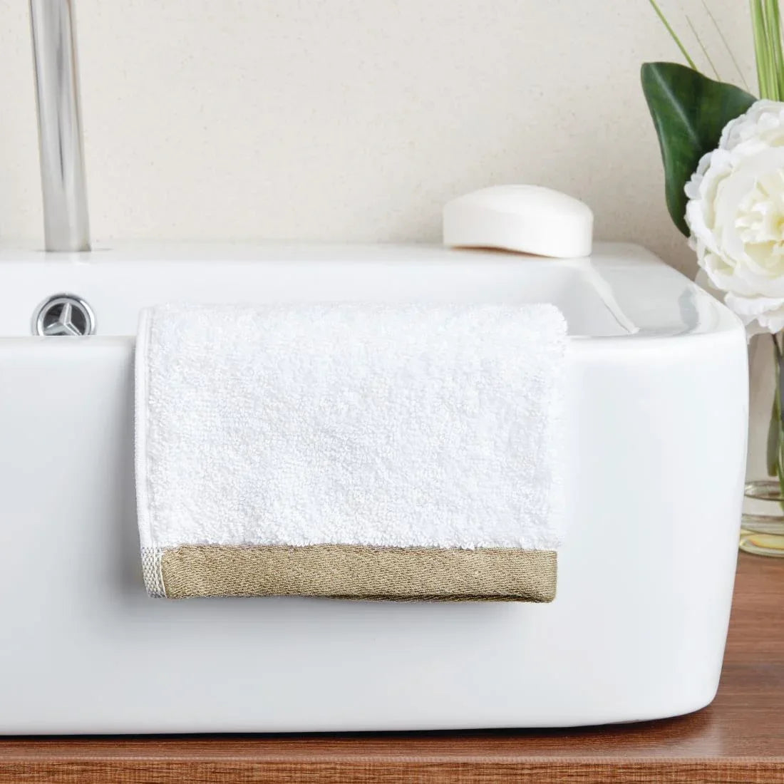 HB617 Mitre Heritage Ambassador Face Cloth White with Taupe Border - JD Catering Equipment Solutions Ltd