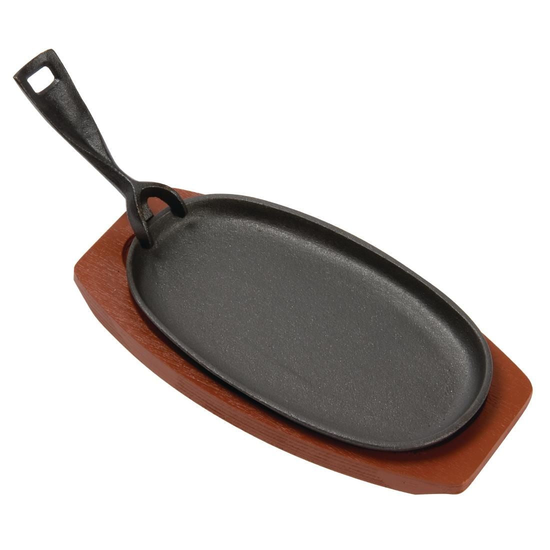 F464 Olympia Cast Iron Oval Sizzler with Wooden Stand 240mm