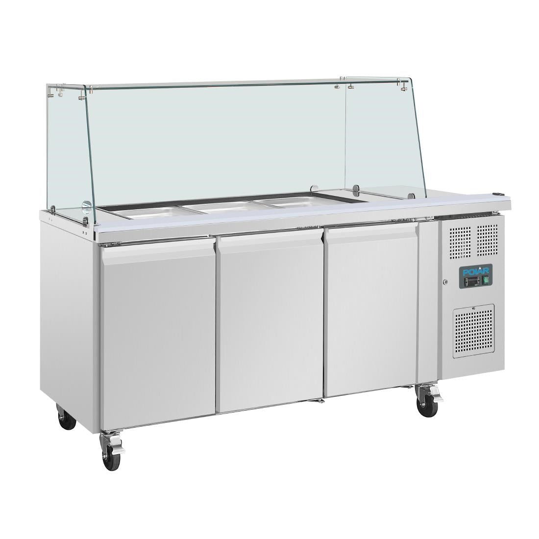 UA018 Polar U-Series GN Saladette Counter with Square Sneeze Guard 3 Door